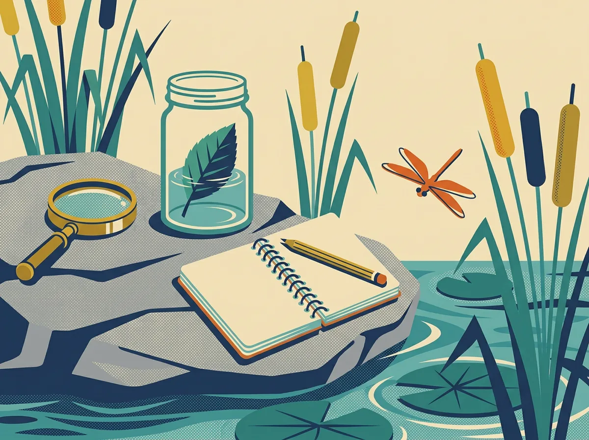 An illustrated creek bank: a magnifying glass and a specimen jar holding one leaf resting on a rock, an open field notebook with a pencil, cattails, and a dragonfly over the water.