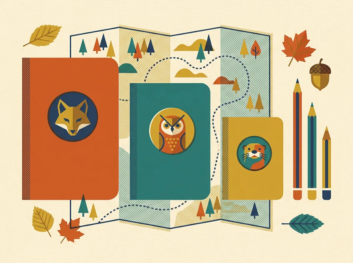 Three illustrated field notebooks in descending sizes — marked with a fox, an owl and an otter — laid across one folded trail map, with a pencil beside each.