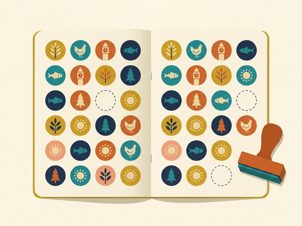 An illustrated field notebook seen from above, its pages filled with a grid of circular collector's stamps, a few empty circles still waiting.